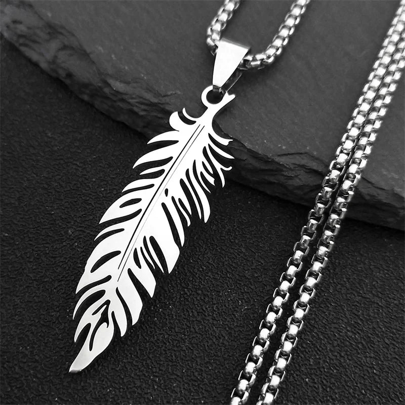 Men's Stainless Steel Feather Pendant Necklace