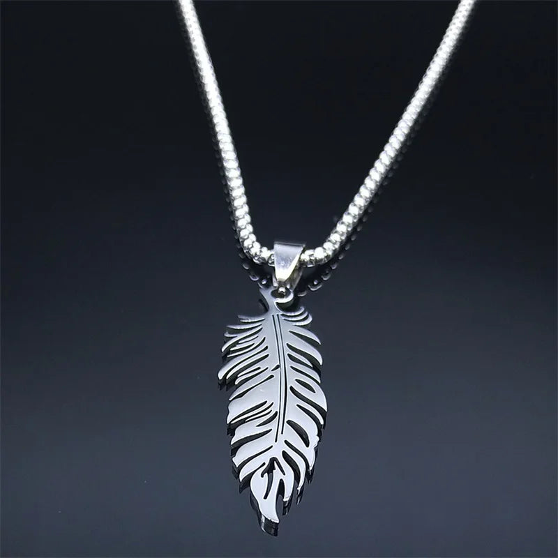 Men's Stainless Steel Feather Pendant Necklace