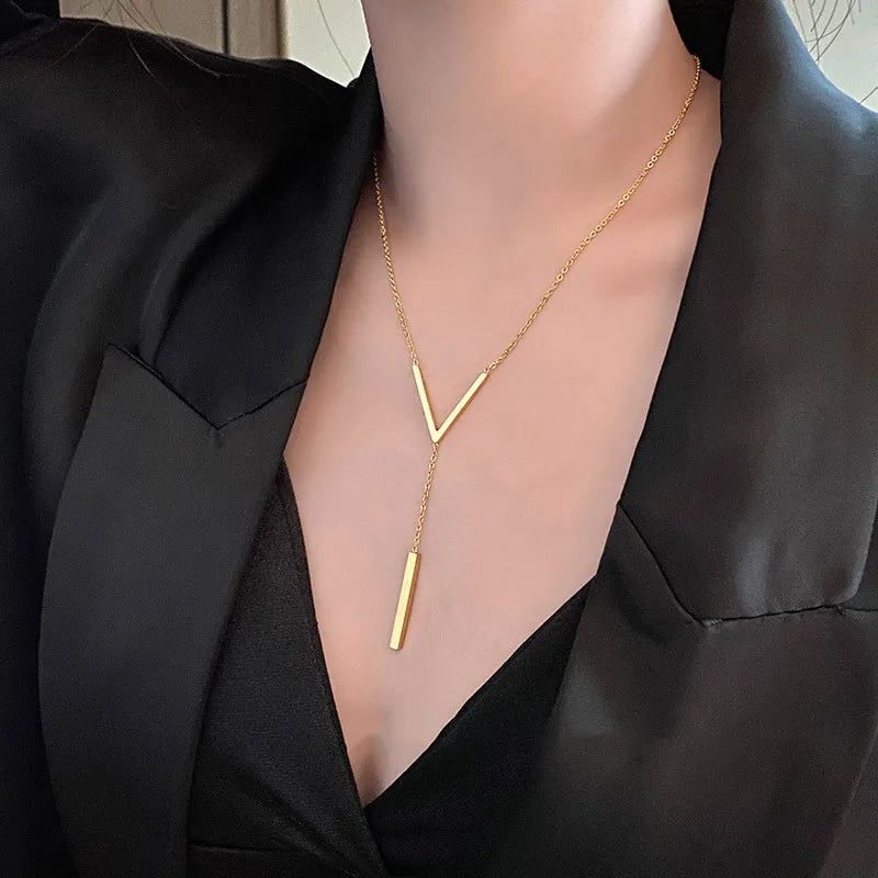 Gold Y-Shape Bar Pendant Necklace