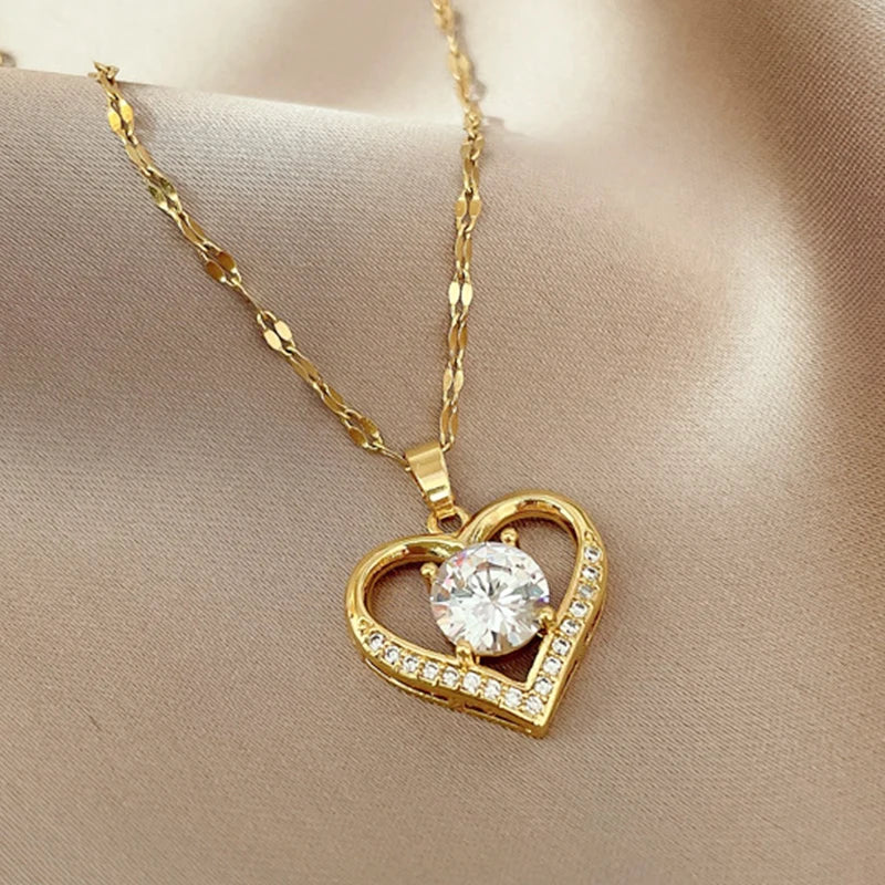 Golden Heart Crystal Pendant Necklace