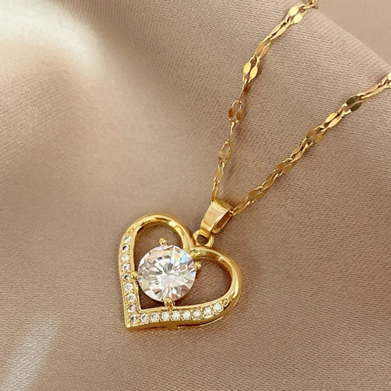 Golden Heart Crystal Pendant Necklace