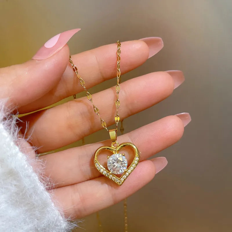 Golden Heart Crystal Pendant Necklace