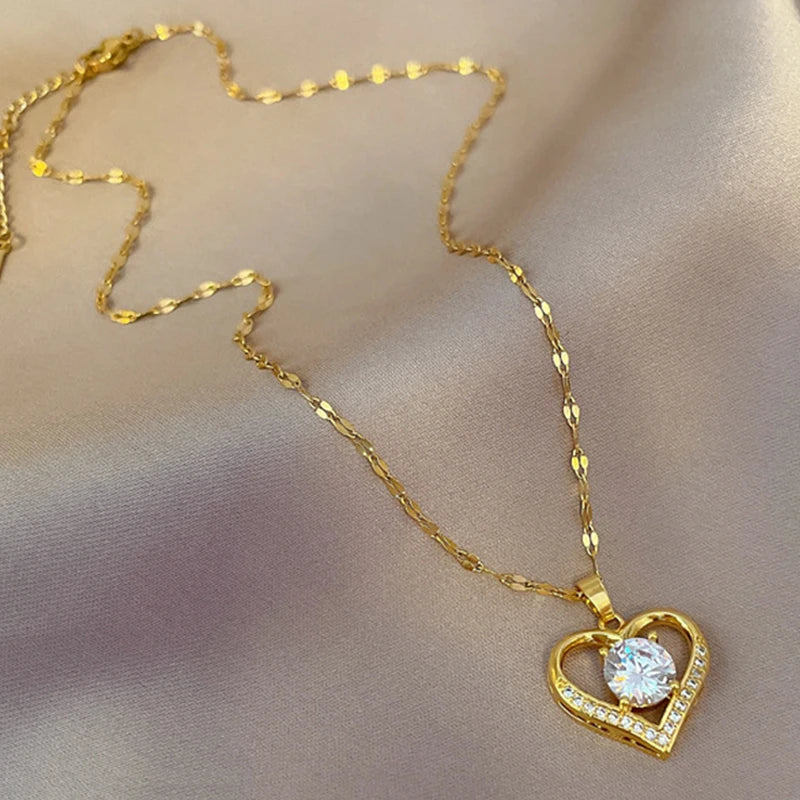 Golden Heart Crystal Pendant Necklace