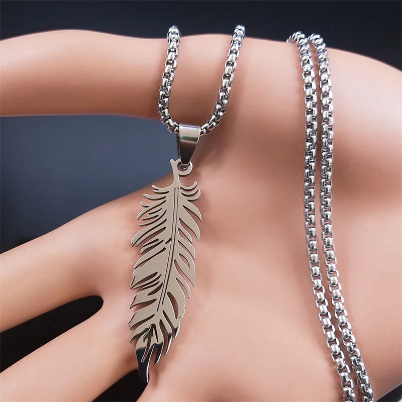 Men's Stainless Steel Feather Pendant Necklace