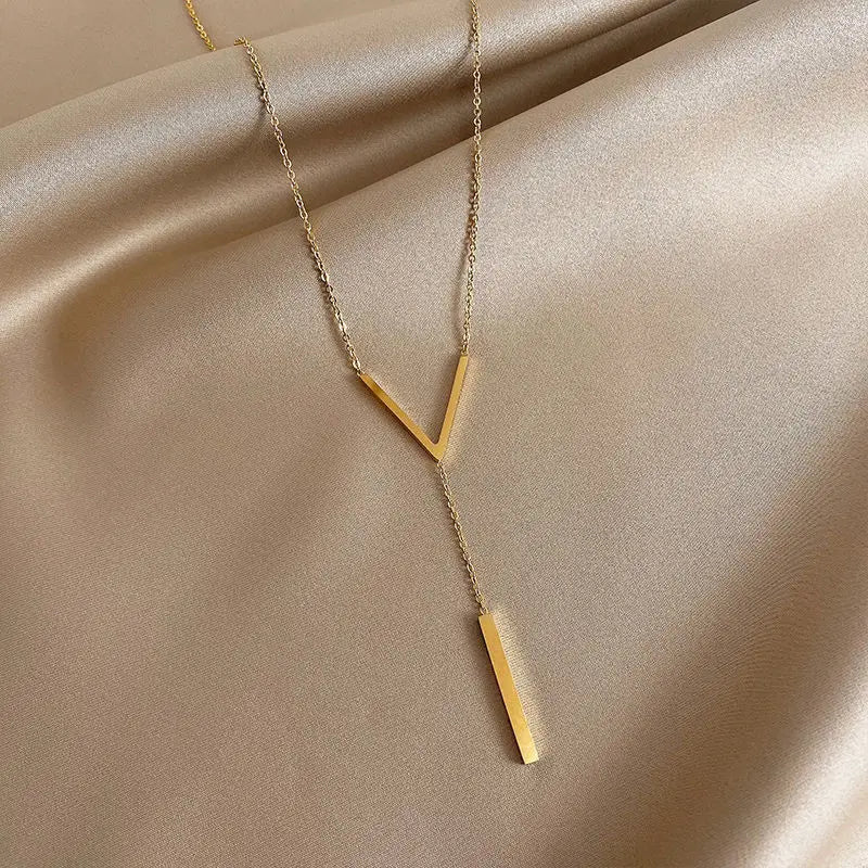 Gold Y-Shape Bar Pendant Necklace