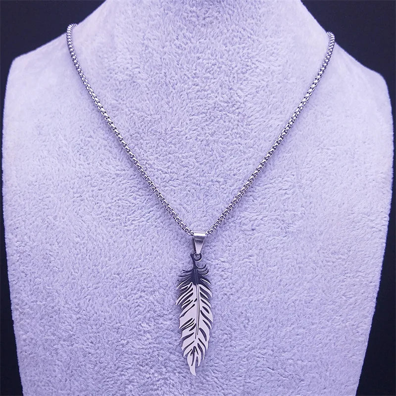 Men's Stainless Steel Feather Pendant Necklace