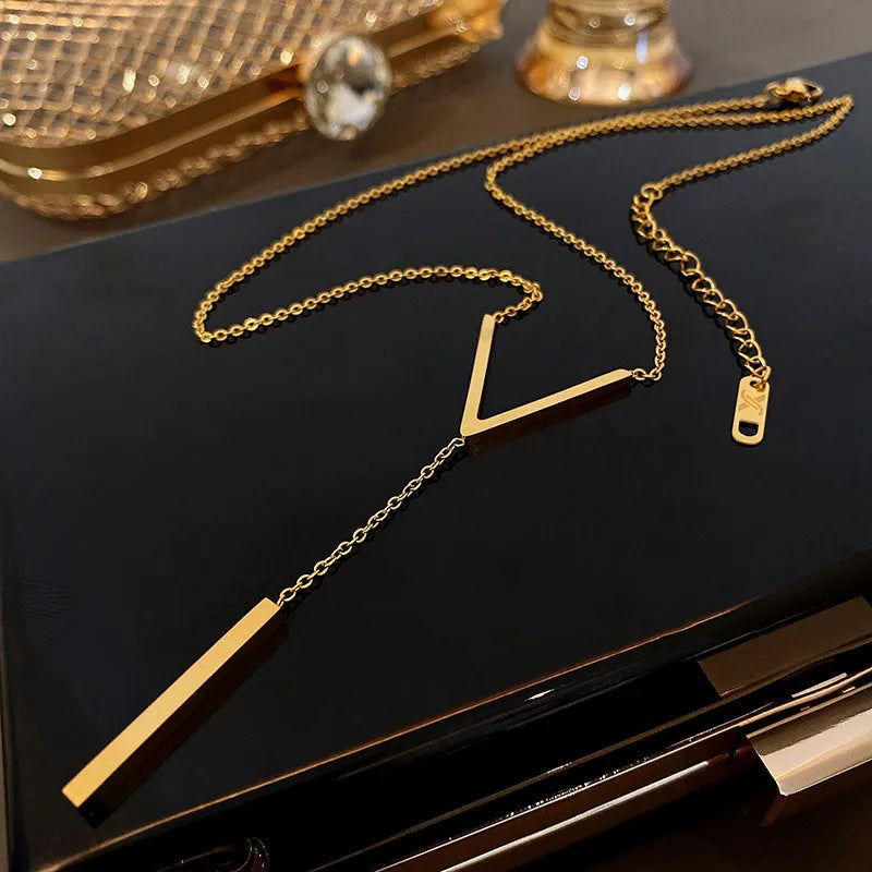 Gold Y-Shape Bar Pendant Necklace